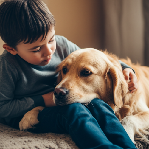 Here is the rewritten text, condensed to 100 characters or less: alt_text: "Crianças e cachorros aprendem juntos, desde socialização até lidar com perdas, com humor e lições sobre resiliência."
