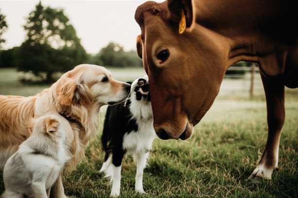 Here is the short text of 100 characters max that describes the image: alt_text: "Unlikely friendship between dogs and cows reduces stress and anxiety, promoting emotional and practical benefits."